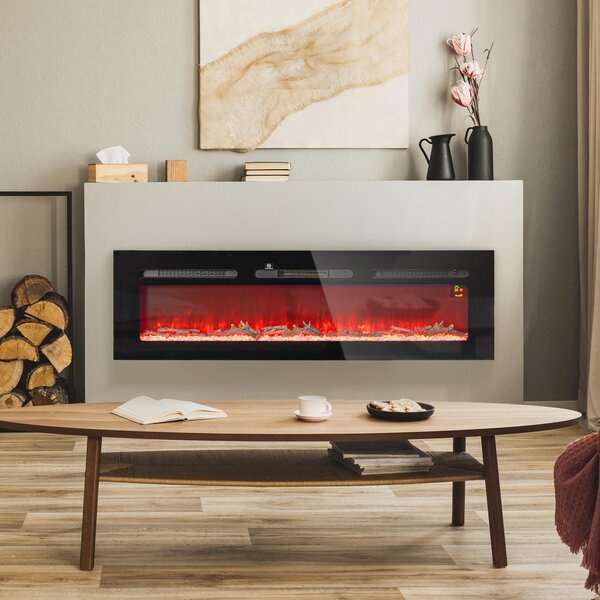 HOMCOM Elektrický krb 1800 W, nástěnný model s LED efektem plamene a krystaly ve 3 barvách
