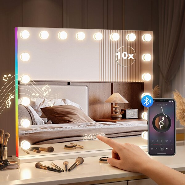 HOMCOM Hollywood – zrcadlo 80 × 60 cm, kosmetické zrcadlo s RGB osvětlením a Bluetooth