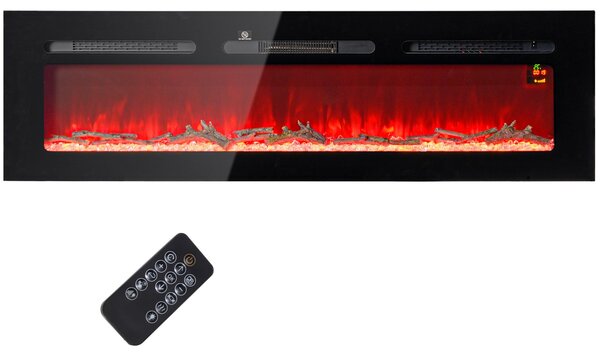 HOMCOM Elektrický krb 1800 W, nástěnný model s LED efektem plamene a krystaly ve 3 barvách