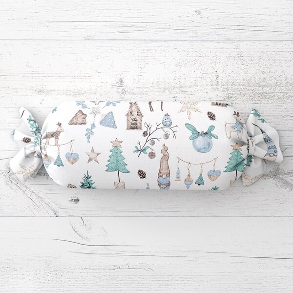 Biante Polštář válec bonbon Sandra SA-662 Modro-zeleno-hnědý vánoční vzor 15x40 cm