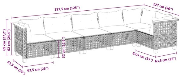 6dílná zahradní sedací souprava s poduškami černá polyratan 3261848