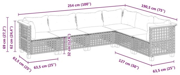 6dílná zahradní sedací souprava s poduškami šedá polyratan 3261861