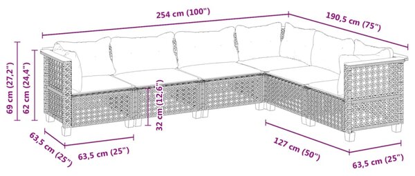 6dílná zahradní sedací souprava s poduškami černá polyratan 3261860