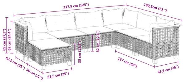 7dílná zahradní sedací souprava s poduškami černá polyratan 3261938