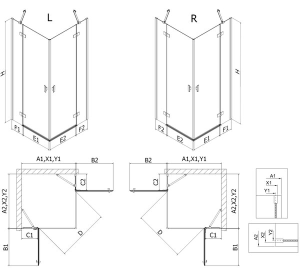 Mexen Mist-H Duo, 2-křídlý ​​výklopný sprchový kout 70 x 75 cm, čiré sklo, černý profil, 8A5-070L-075P-70-00