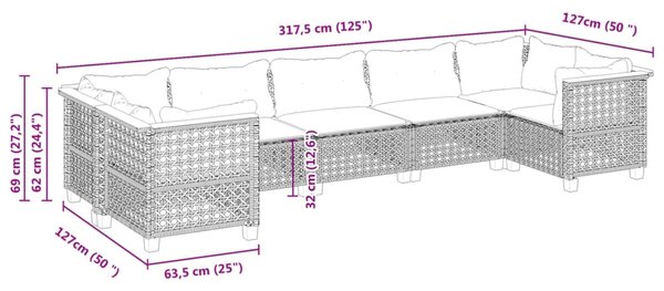 7dílná zahradní sedací souprava s poduškami šedá polyratan 3261975