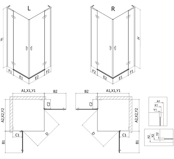Mexen Mist-H L Duo, 2-křídlý ​​sprchový kout 70 x 75 cm, čiré sklo, černý profil, 8A5L-070L-075P-70-00
