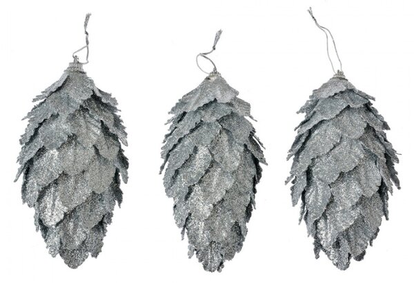 Stříbrná vánoční ozdoba šiška s lístky Ewoud (sada 3 ks) – 7x13 cm