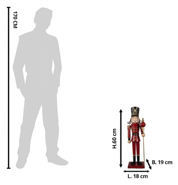 Velká vánoční dekorace kovový louskáček v červeném kabátku s holí – 60 cm