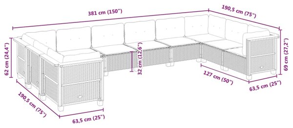 10dílná zahradní sedací souprava s poduškami černá polyratan 3262019