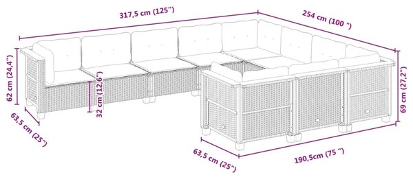 10dílná zahradní sedací souprava s poduškami béžová polyratan 3262033