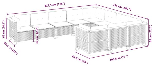 10dílná zahradní sedací souprava s poduškami černá polyratan 3262031