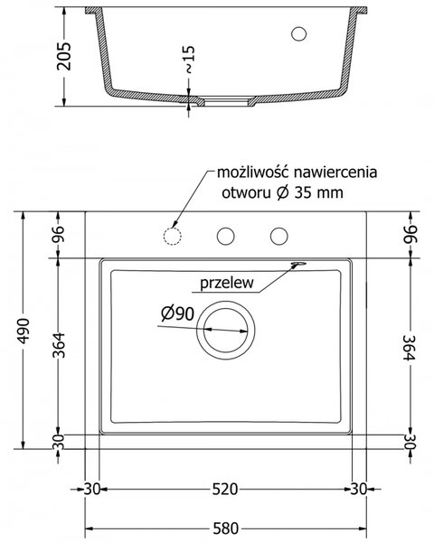 Mexen Oscar granitový dřez 1-komorový 580 x 490 mm, černý kropenatý, sifon chrom - 6519581000-76