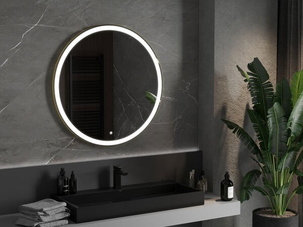 Mexen Esso koupelnové kulaté zrcadlo osvětlené, průměr 90 cm, LED 6000K, proti mlžení, zlatý rám - 9825-090-090-611-50