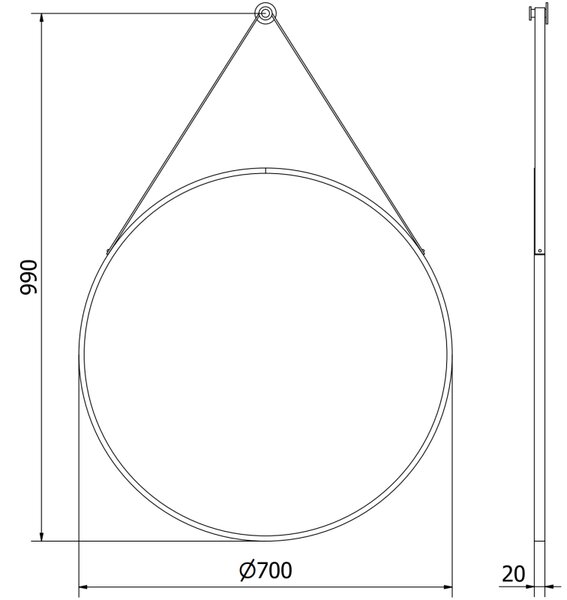 Mexen String kulaté koupelnové zrcadlo 70 cm, černý rám - 9854-070-070-000-70