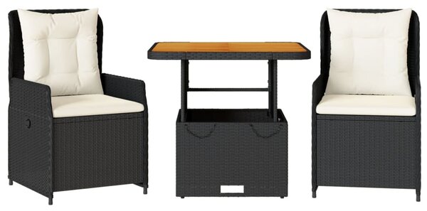 3dílný bistro set s poduškami černý polyratan 3262765