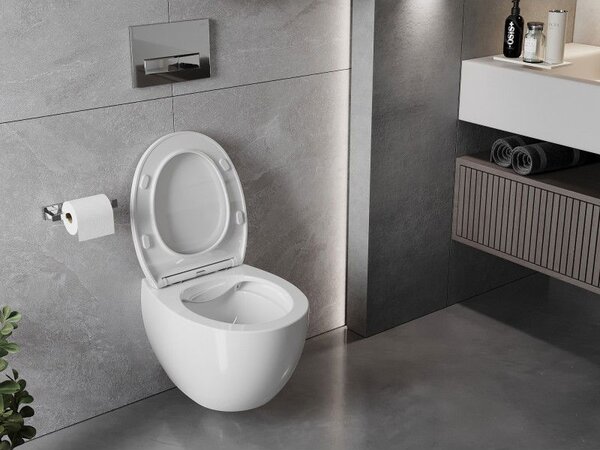 Mexen Egg WC mísa Rimless s pomalu sklápějícím sedátkem slim, duroplast, bílý lesk - 30245000