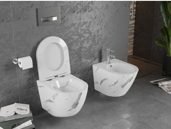 Mexen Lena WC mísa Rimless se sedátkem slim s pomalým zavíráním, duroplast, bílý kámen - 30224092