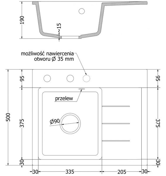 Mexen Ben granitový dřez 1-komorový s odkapávačem, levý 600 x 500 mm, černý, sifon chrom - 6522605000-77