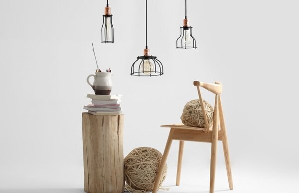 Nordic Design Černé kovové závěsné světlo Industry Tall Ø 10 cm s měděnými detaily