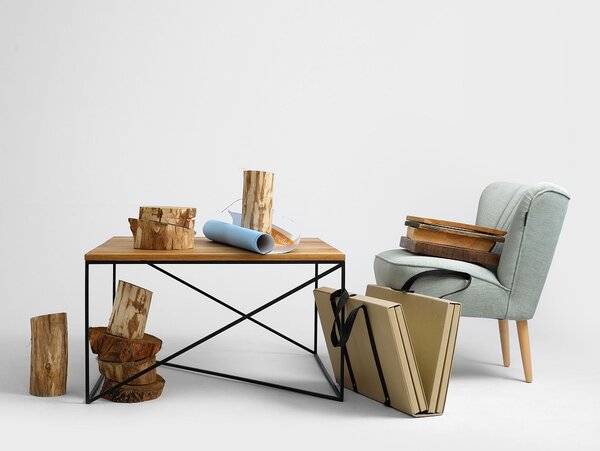 Nordic Design Přírodní masivní konferenční stolek Mountain s černou podnoží 100x100 cm