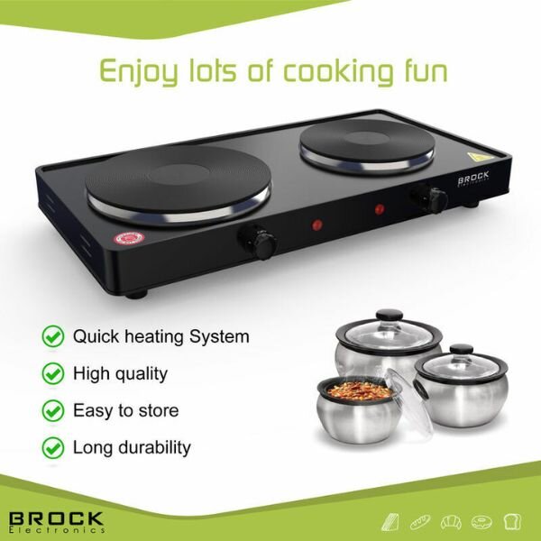 Elektrický vařič Brock, 2 plotýnky 18,5cm a 15,5cm, 1500+1000W, černý, litinový