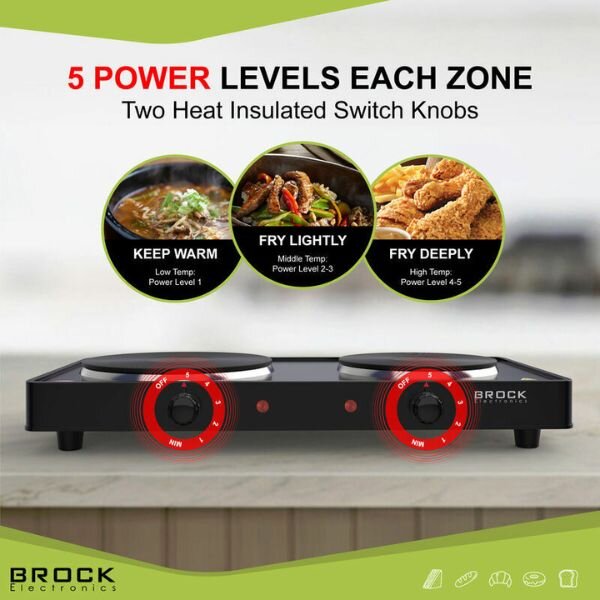 Elektrický vařič Brock, 2 plotýnky 18,5cm a 15,5cm, 1500+1000W, černý, litinový