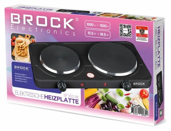 Elektrický vařič Brock, 2 plotýnky 18,5cm a 15,5cm, 1500+1000W, černý, litinový