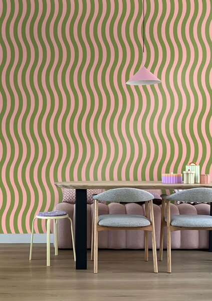Tapeta s vlnitými pruhy, zeleno-růžová, 131610, Color Pop, Esta Home