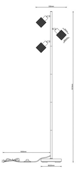 Globo Stojací lampa Villegas, černá/šedá, sklo, 161 cm, 3 žárovky, E14, Černá, Obývací pokoj / jídelna, Sklo