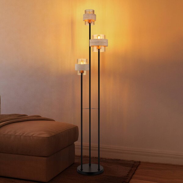Globo Stojací lampa Daren, béžová/jantarová/černá, 167 cm, 3 žárovky, E27, Krémová / jantar, Obývací pokoj / jídelna, Sklo