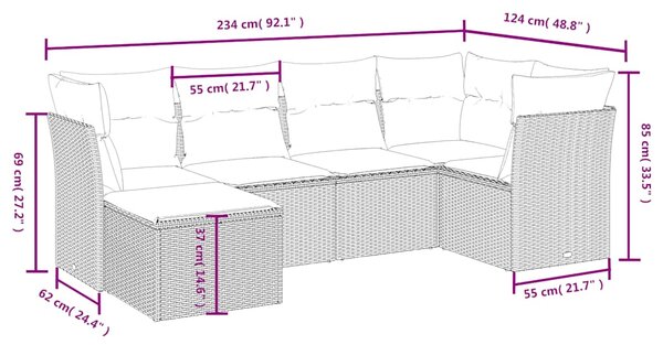 6dílná zahradní sedací souprava s poduškami černá polyratan 3263171