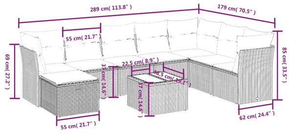 9dílná zahradní sedací souprava s poduškami černá polyratan 3263282