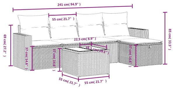 6dílná zahradní sedací souprava s poduškami černá polyratan 3263472