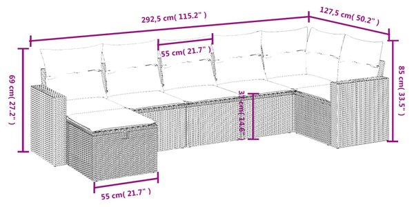 7dílná zahradní sedací souprava a podušky světle šedá polyratan 3263508
