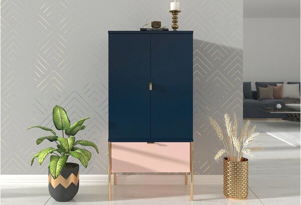 Vysoká elegantní komoda Polka - tmavě modrá, růžová