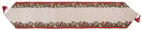 Vánoční zlato-červený běhoun na stůl s chvojím, citrusy a střapcem – 33x180 cm