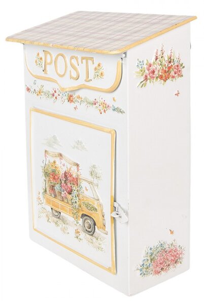 Bílá kovová poštovní schránka s květinářským autem – 23x13x32 cm
