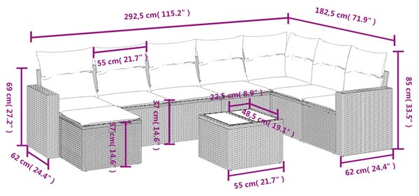 9dílná zahradní sedací souprava s poduškami černá polyratan 3263592