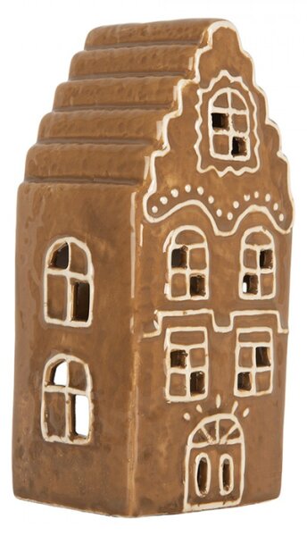 Keramický béžový svícen na čajovou svíčku ve tvaru perníkového domečku Leersum – 8x7x16 cm