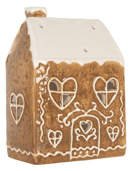 Keramický béžový svícen na čajovou svíčku ve tvaru perníkového domečku Leersum – 12x7x16 cm