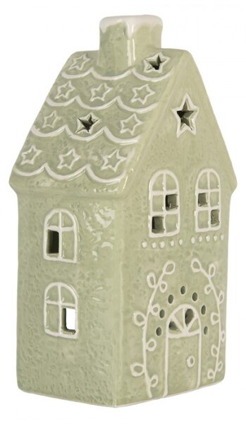 Keramický zelený svícen na čajovou svíčku ve tvaru perníkového domečku Leersum – 11x9x21 cm