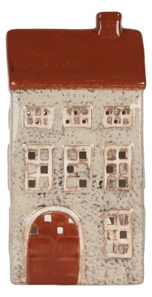 Keramický bílo-červený svícen na čajovou svíčku ve tvaru domečku Loenen III – 13x9x25 cm