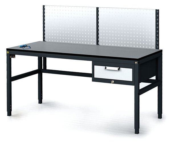 Antistatický dílenský ESD stůl s perfopanelem, 1 zásuvkový box na nářadí, 1600x800x745-985 mm