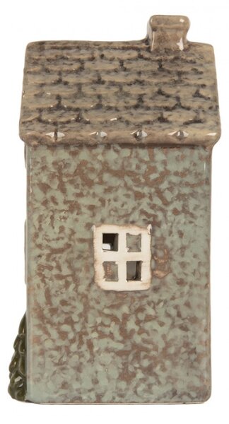 Keramický zelenošedý svícen na čajovou svíčku ve tvaru domečku Nuenen IX – 8x10x16 cm