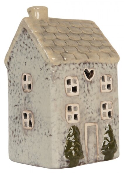 Keramický šedobéžový svícen na čajovou svíčku ve tvaru domečku Nuenen VI – 9x10x16 cm