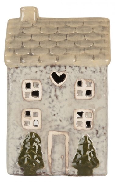 Keramický šedobéžový svícen na čajovou svíčku ve tvaru domečku Nuenen VI – 9x10x16 cm
