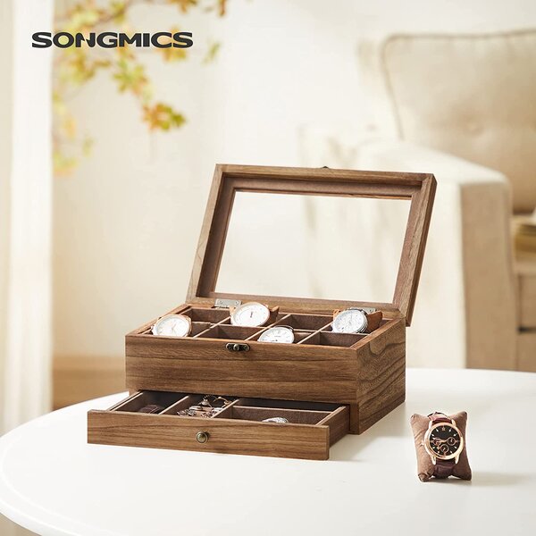SONGMICS Dřevěný box na hodinky a šperky skleněné víko