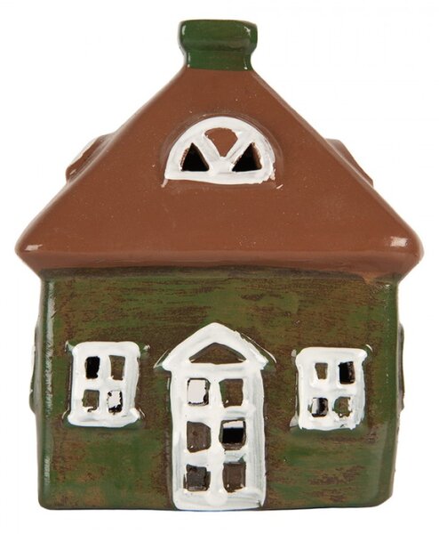 Keramický zelený svícen na čajovou svíčku ve tvaru domečku Woudenberg III – 12x9x14 cm