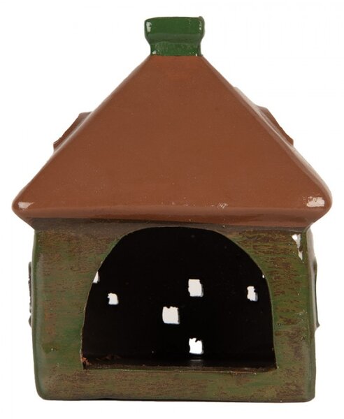 Keramický zelený svícen na čajovou svíčku ve tvaru domečku Woudenberg III – 12x9x14 cm